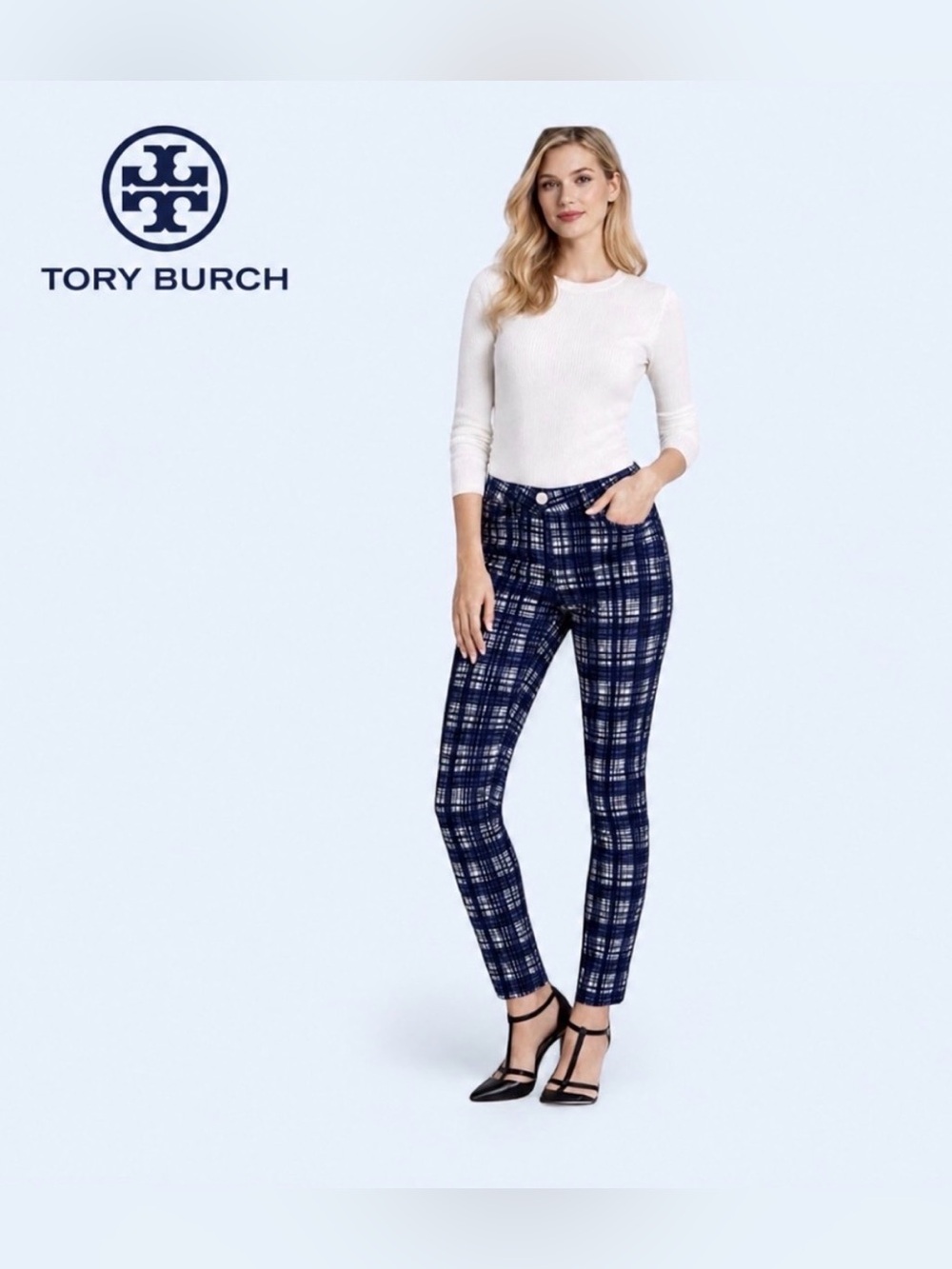 Tory Burch Conner Tab Front Skinny Ankle Pants 28 Blue White Plaid Stretch Work